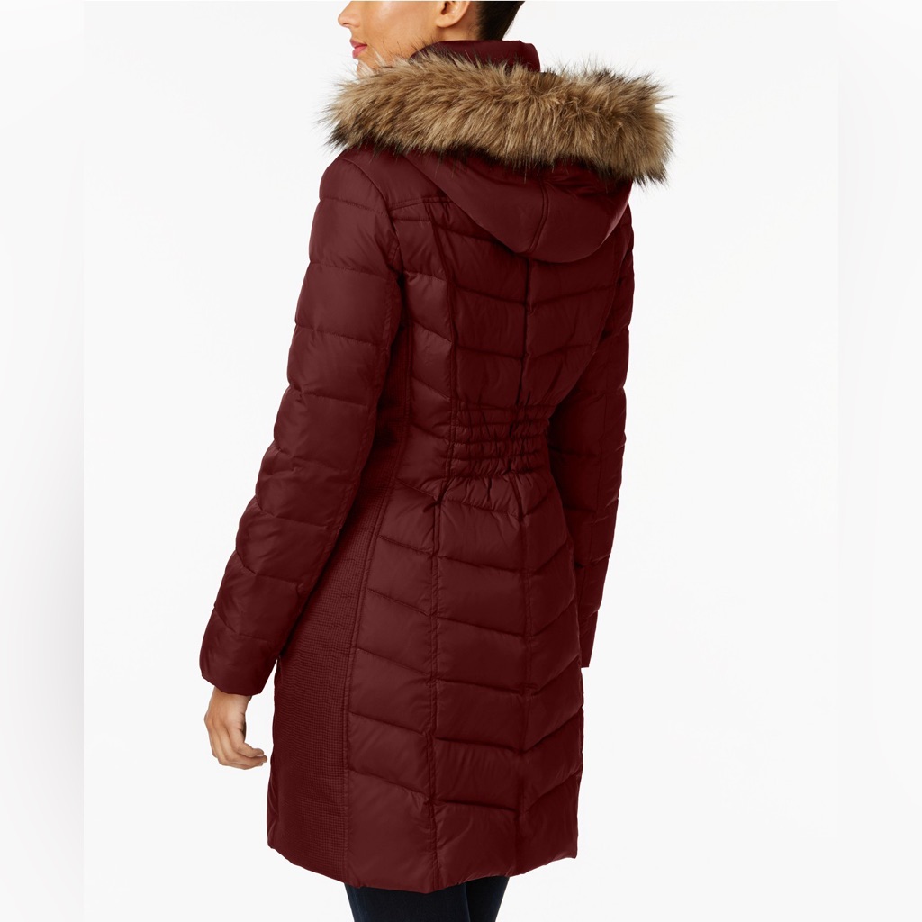 Michael Michael Kors Burgundy Puffer Down Jacket With Faux Fur Removable Hood
